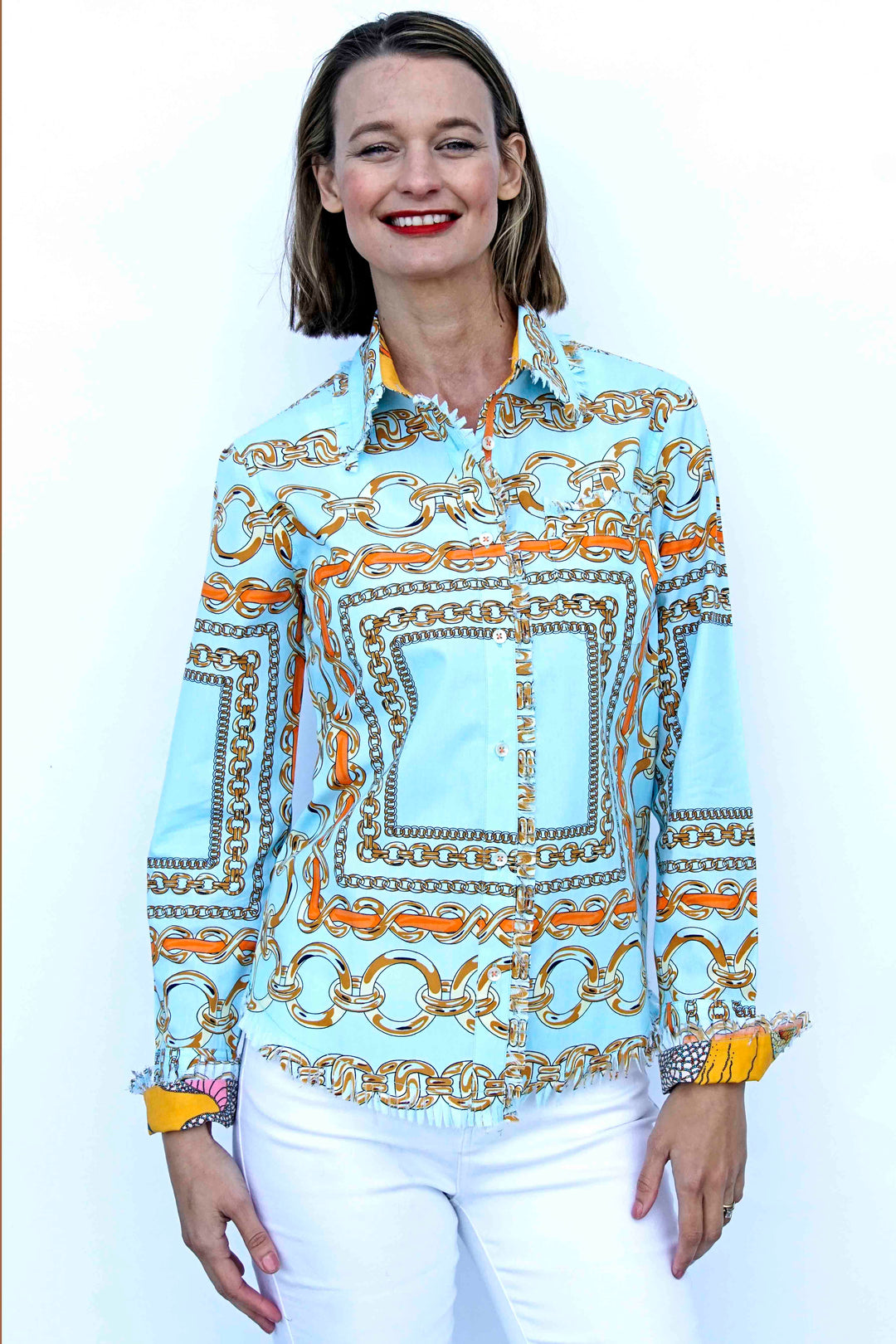 Dizzy-Lizzie Cape Cod Frayed Shirt - Aqua With Orange Links available at Barbara Katz