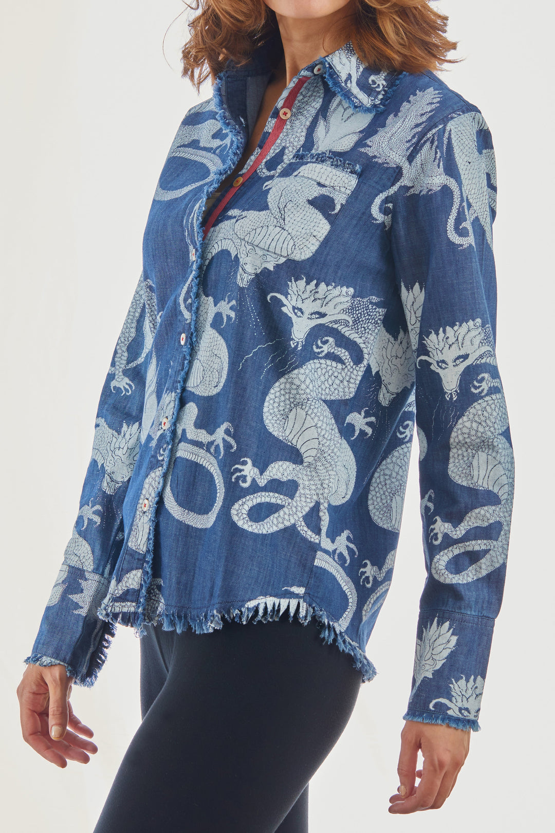 Dizzy-Lizzie Cape Cod Frayed Shirt - Denim with Gorgeous Print available at Barbara Katz