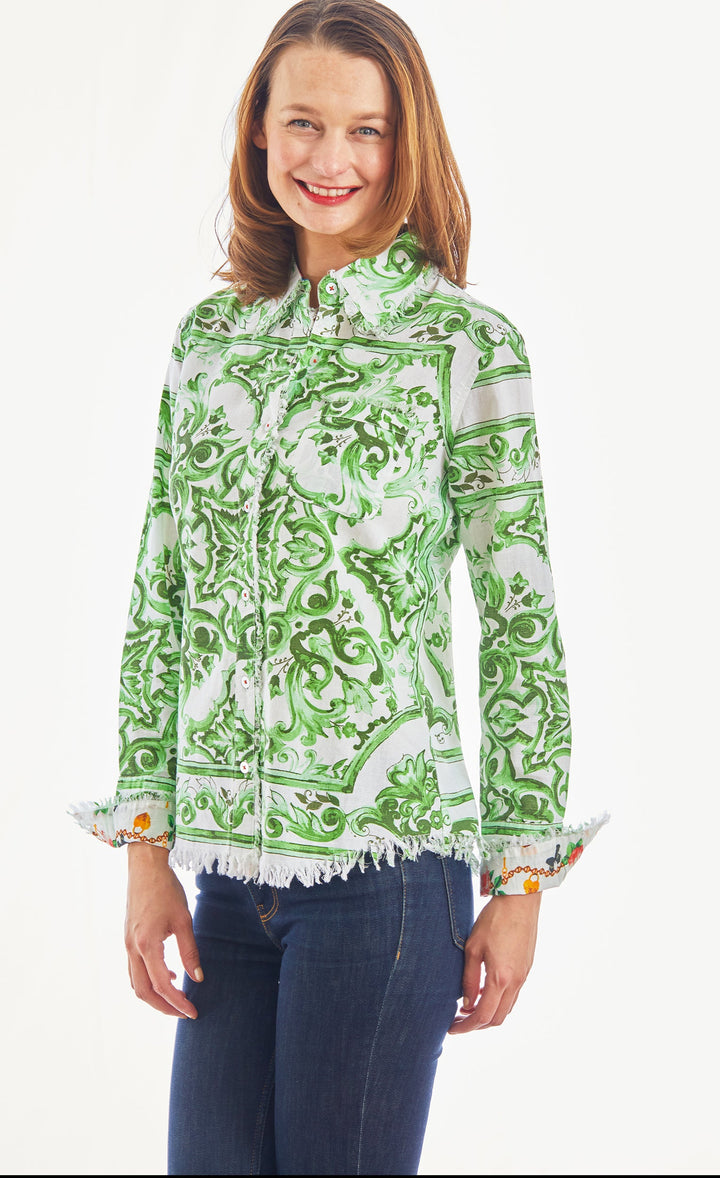 Dizzy-Lizzie Cape Cod Frayed Shirt - Green White Tile available at Barbara Katz