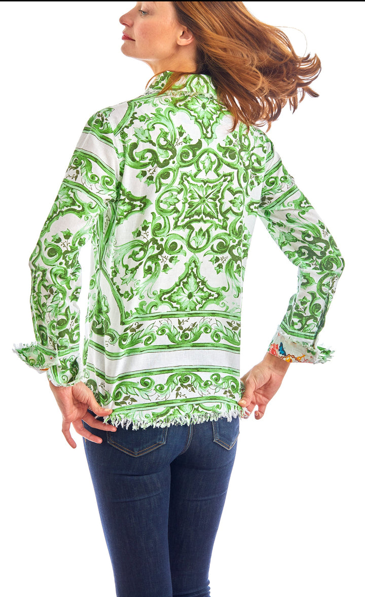 Dizzy-Lizzie Cape Cod Frayed Shirt - Green White Tile available at Barbara Katz