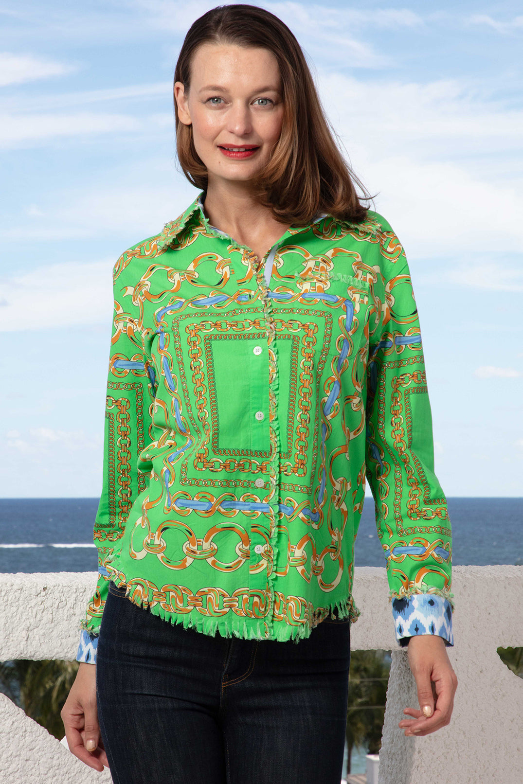 Dizzy-Lizzie Cape Cod Frayed Shirt - Green Blue Links available at Barbara Katz