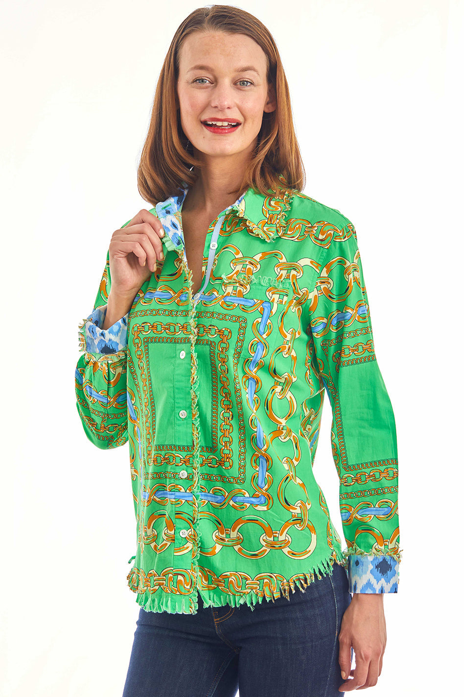 Dizzy-Lizzie Cape Cod Frayed Shirt - Green Blue Links available at Barbara Katz