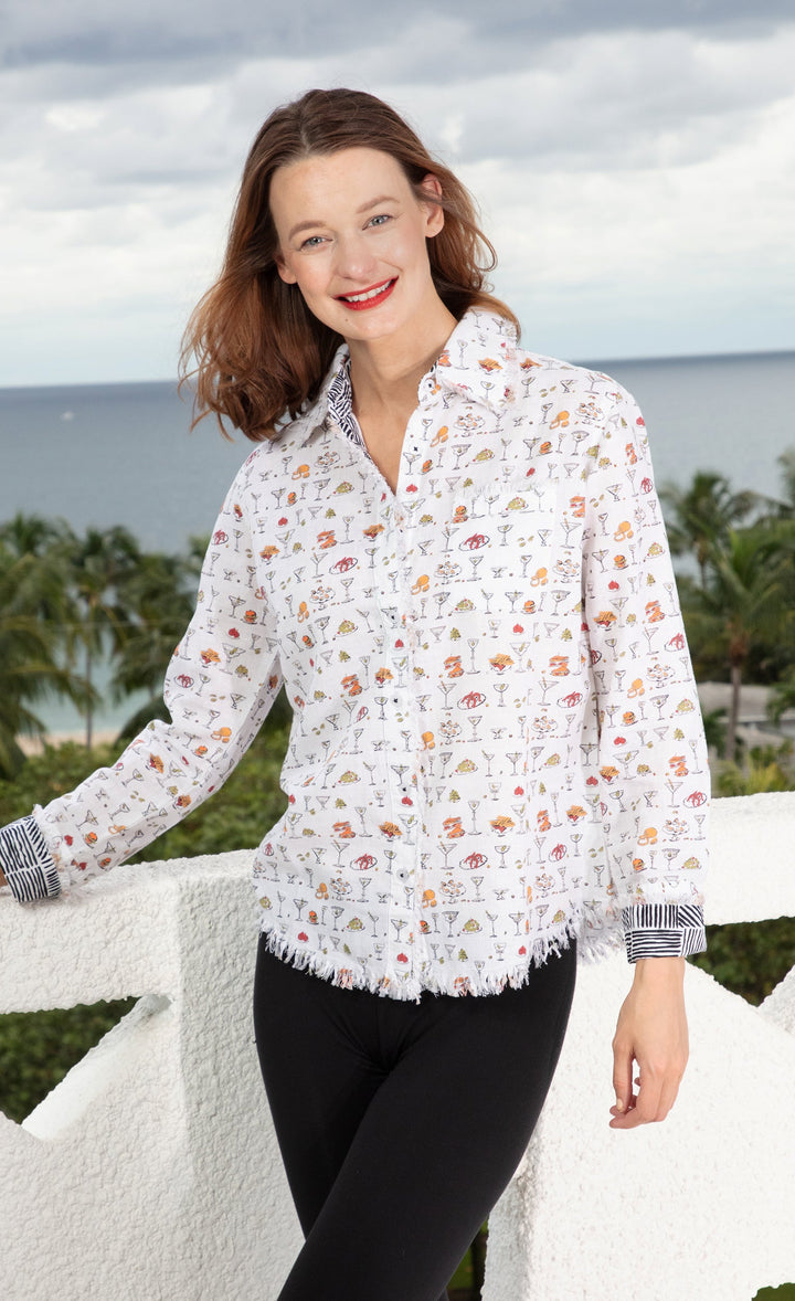 Dizzy-Lizzie Cape Cod Frayed Shirt - Little Martinis And Snacks Print available at Barbara Katz