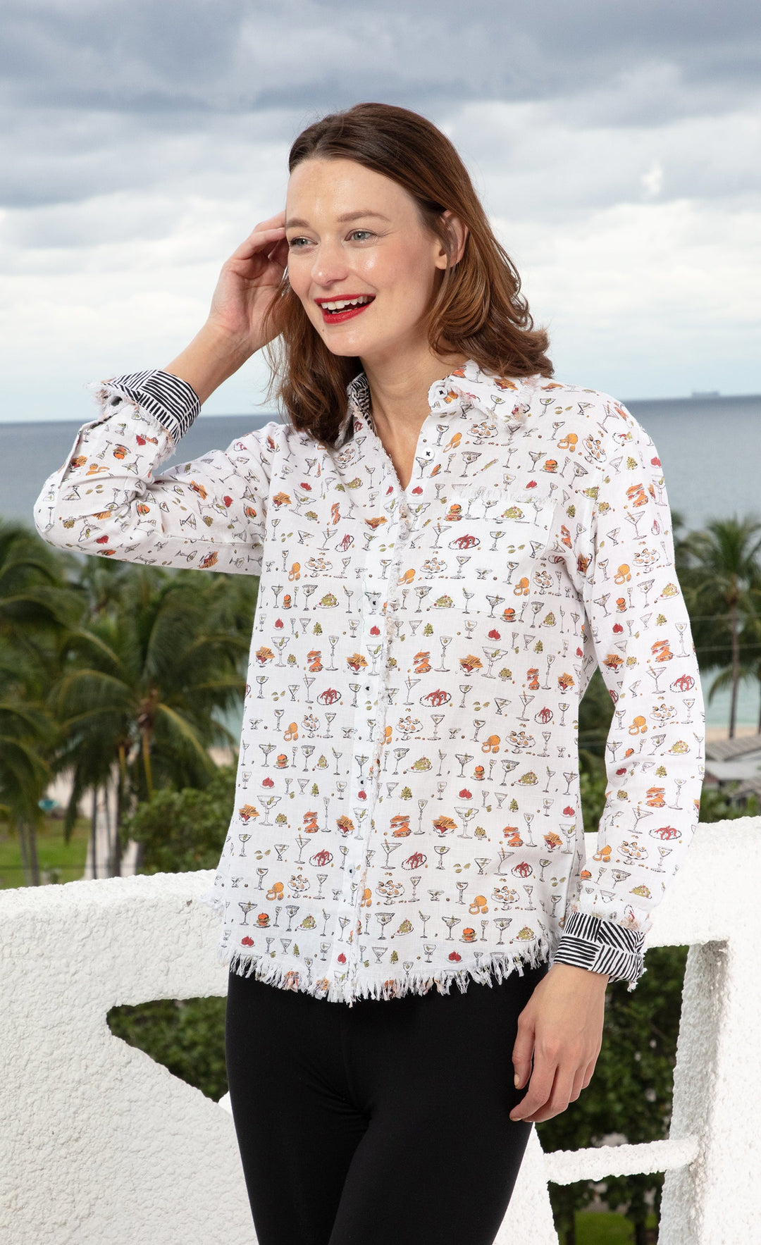 Dizzy-Lizzie Cape Cod Frayed Shirt - Little Martinis And Snacks Print available at Barbara Katz