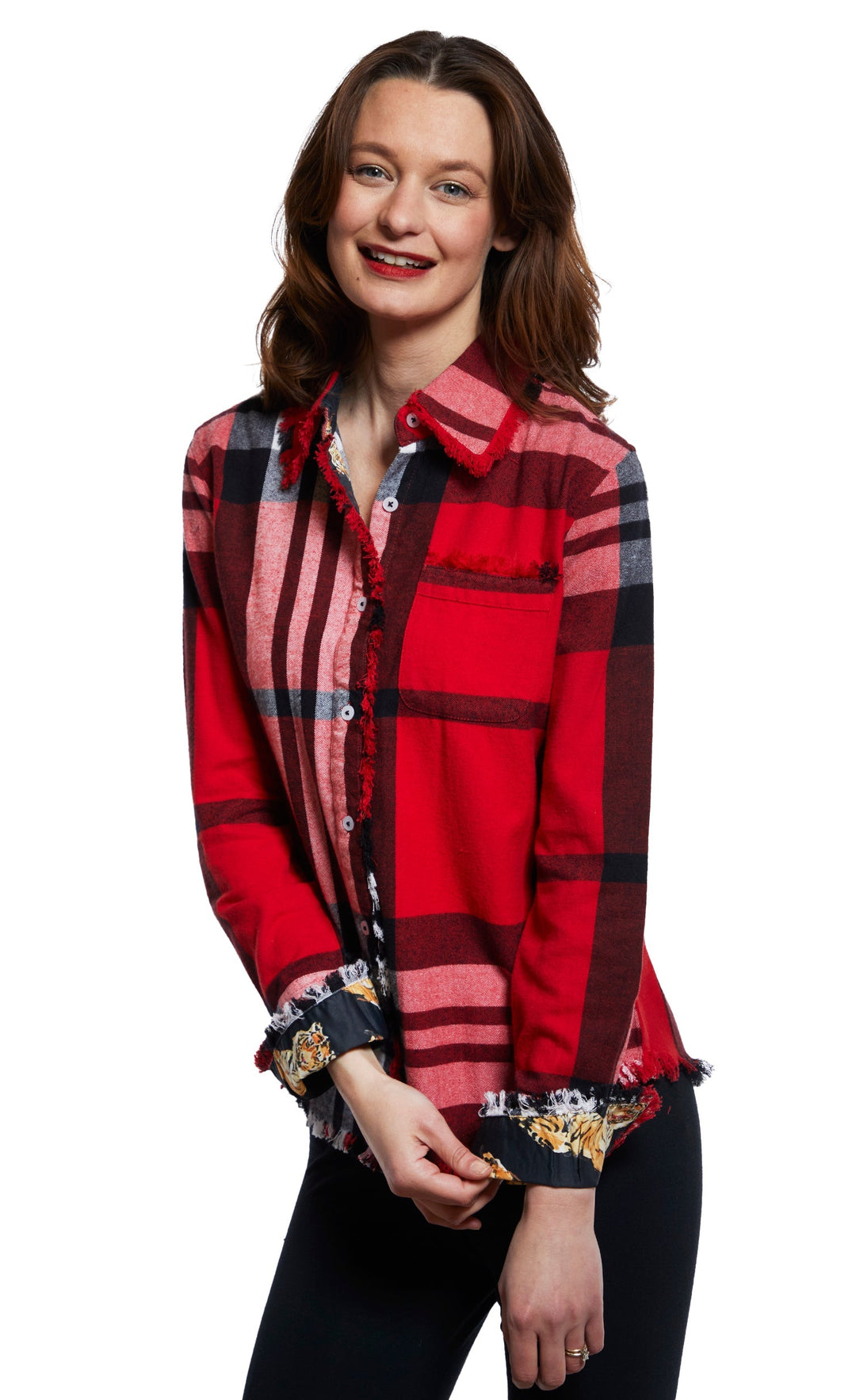 Dizzy-Lizzie Cape Cod Frayed Shirt - Red Yarn-Dyed Flannel Plaid available at Barbara Katz