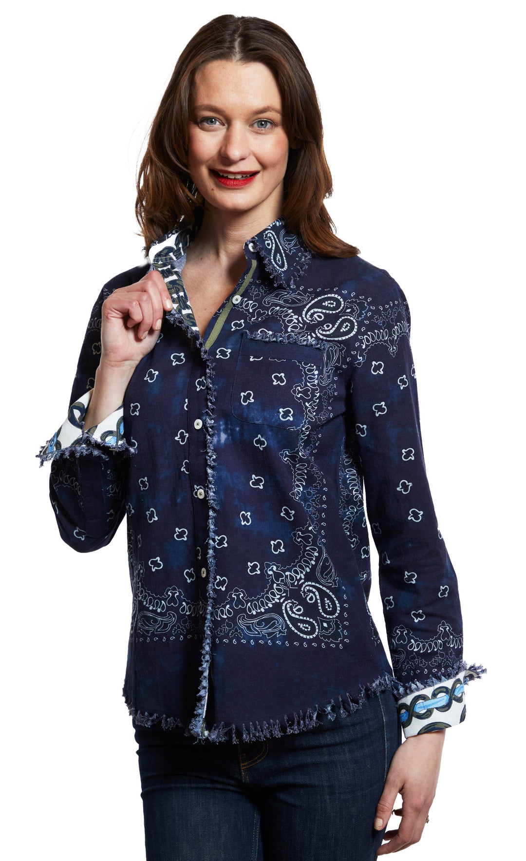 Dizzy-Lizzie Cape Cod Frayed Shirt - Indigo Bandana Print available at Barbara Katz