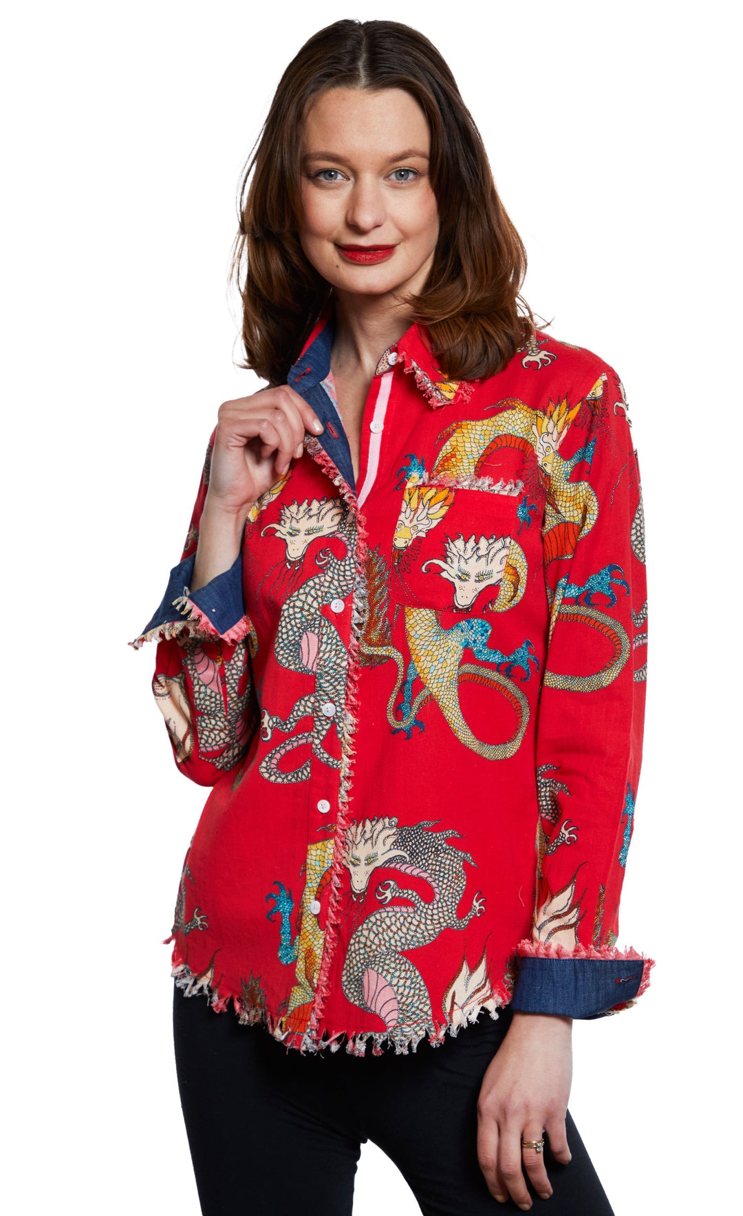 Dizzy-Lizzie Cape Cod Frayed Shirt - Red Ground Dragon Print available at Barbara Katz