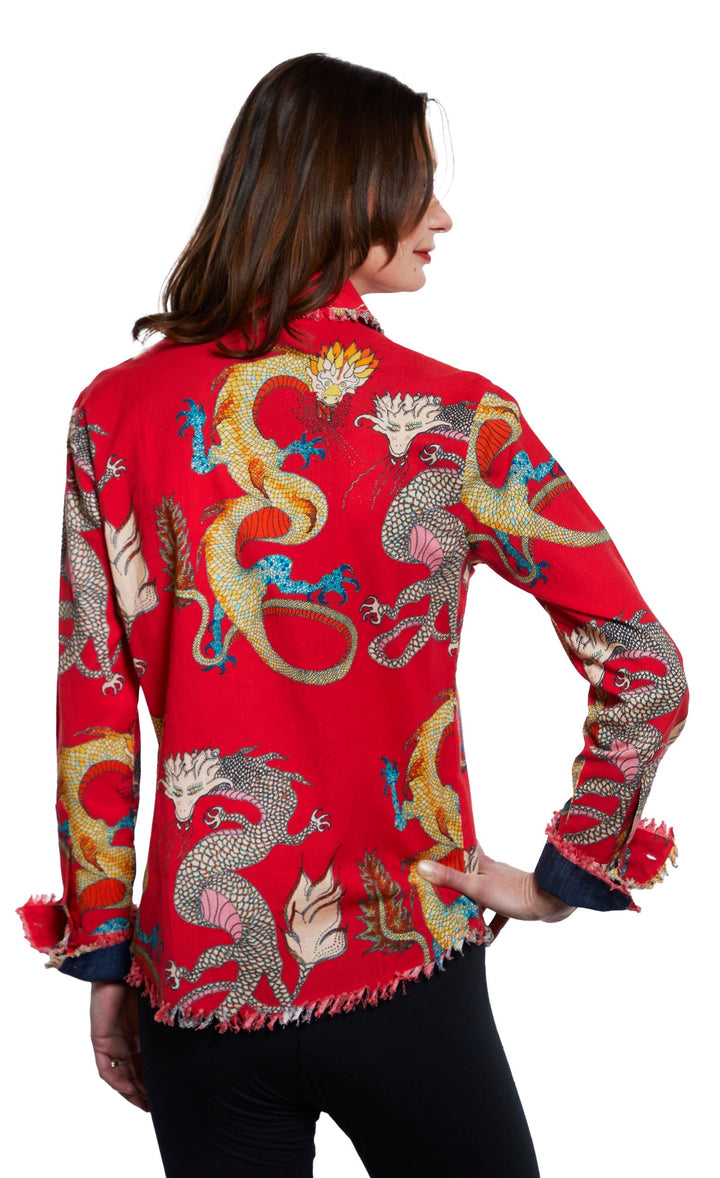 Dizzy-Lizzie Cape Cod Frayed Shirt - Red Ground Dragon Print available at Barbara Katz