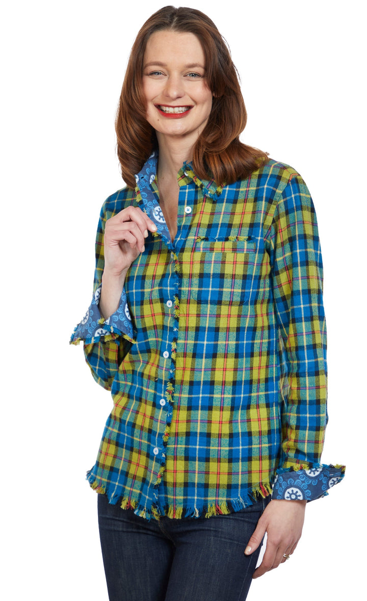 Dizzy-Lizzie Cape Cod Frayed Shirt - Indigo Blue Yarn-Dyed Flannel Plaid available at Barbara Katz