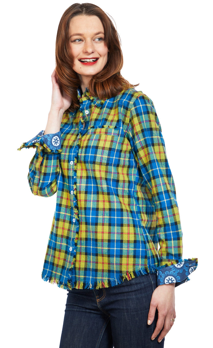 Dizzy-Lizzie Cape Cod Frayed Shirt - Indigo Blue Yarn-Dyed Flannel Plaid available at Barbara Katz