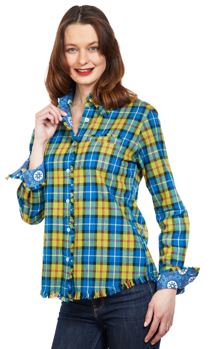 Dizzy-Lizzie Cape Cod Frayed Shirt - Indigo Blue Yarn-Dyed Flannel Plaid available at Barbara Katz