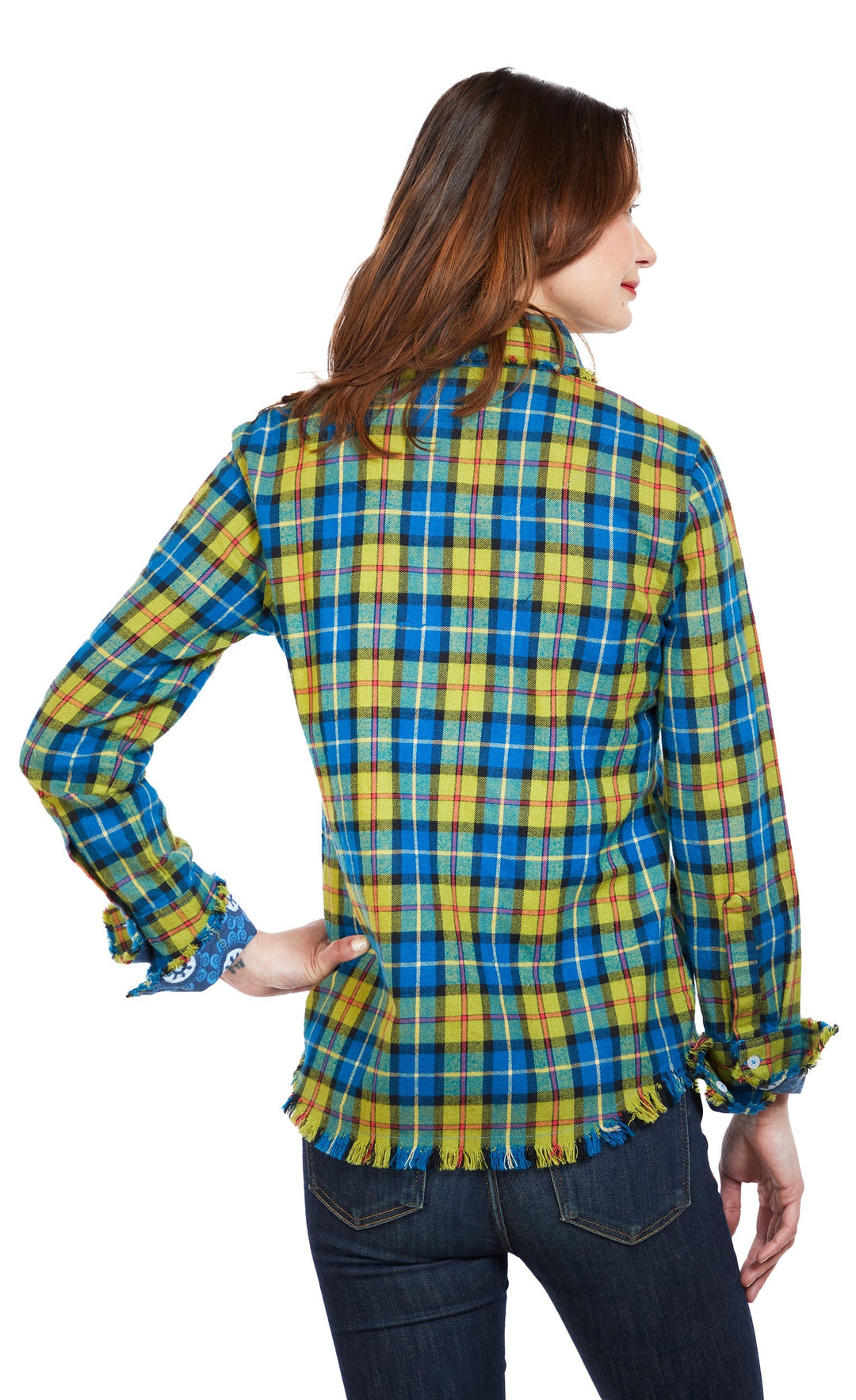 Dizzy-Lizzie Cape Cod Frayed Shirt - Indigo Blue Yarn-Dyed Flannel Plaid available at Barbara Katz