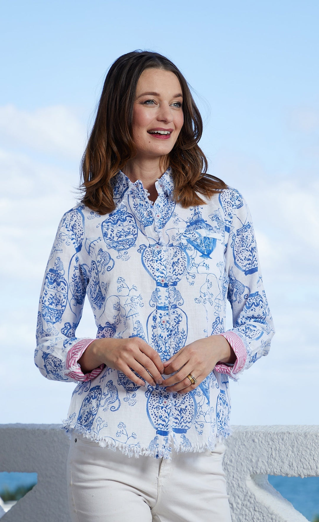 Dizzy-Lizzie Cape Cod Frayed Shirt - Choinserie Print available at Barbara Katz