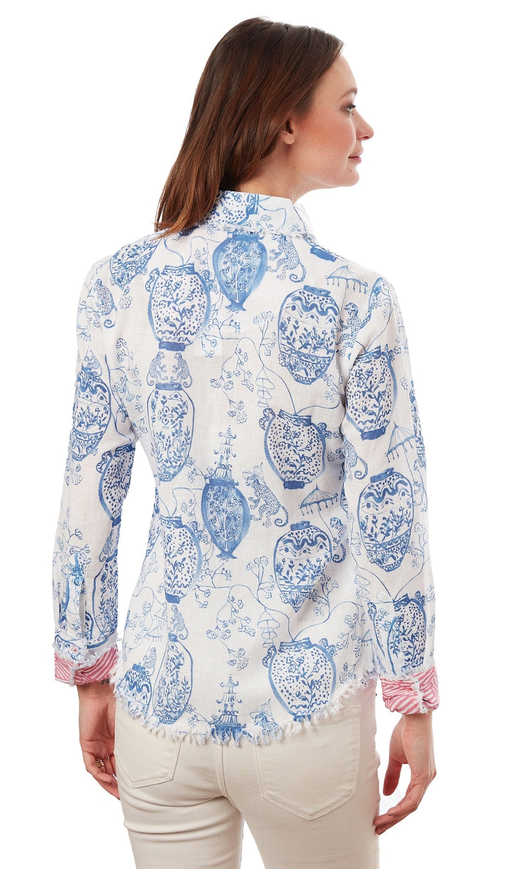 Dizzy-Lizzie Cape Cod Frayed Shirt - Chinoiserie Print available at Barbara Katz