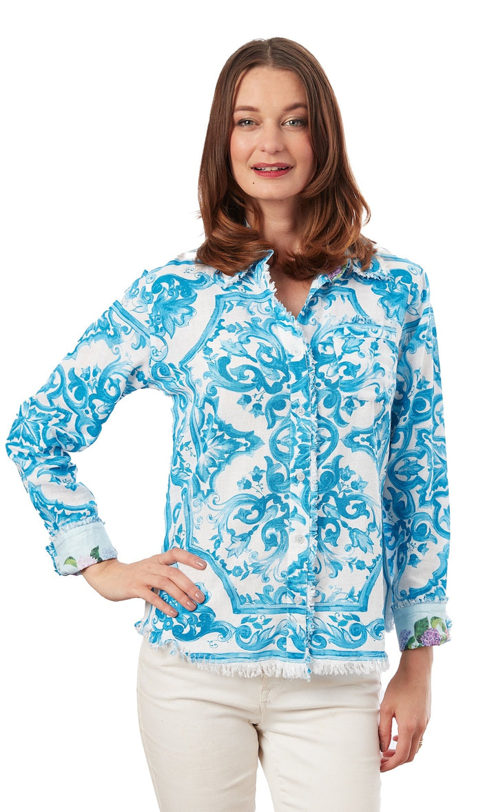 Dizzy-Lizzie Cape Cod Frayed Shirt - Turquoise Tile Print available at Barbara Katz