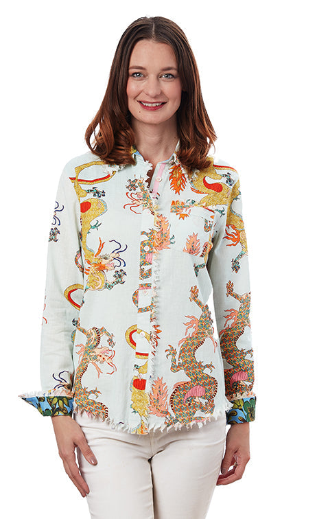 Dizzy-Lizzie Cape Cod Frayed Shirt - Ice Blue Dragon Print available at Barbara Katz