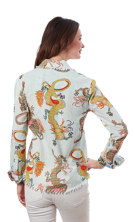 Dizzy-Lizzie Cape Cod Frayed Shirt - Ice Blue Dragon Print available at Barbara Katz