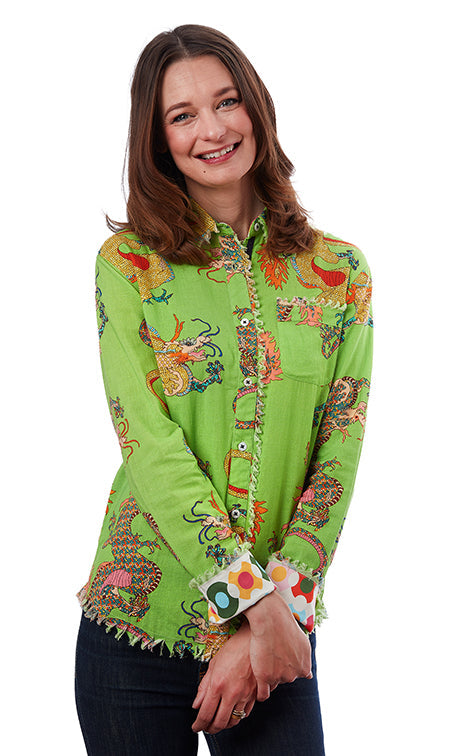 Dizzy-Lizzie Cape Cod Frayed Shirt - Green Dragon Print available at Barbara Katz