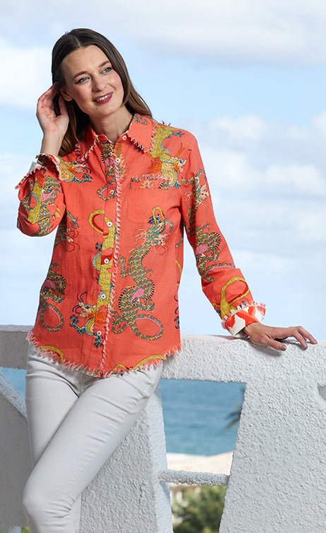 Dizzy-Lizzie Cape Cod Frayed Shirt - Orange Dragon Print available at Barbara Katz