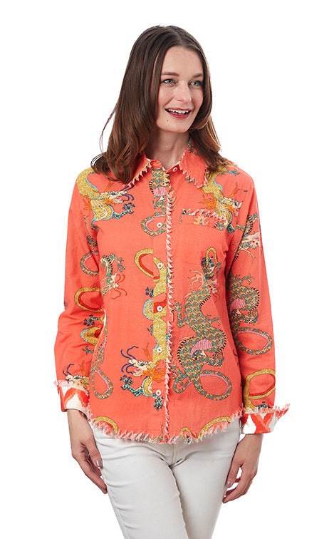 Dizzy-Lizzie Cape Cod Frayed Shirt - Orange Dragon Print available at Barbara Katz