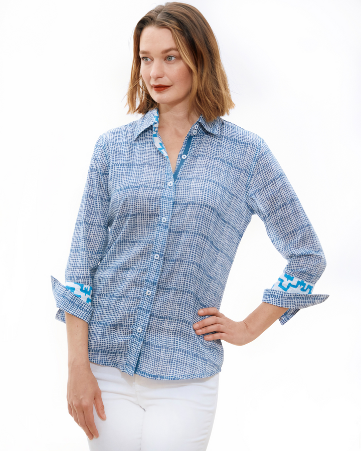 Dizzy-Lizzie Rome 3/4 Sleeve Shirt - Navy Tattersall available at Barbara Katz