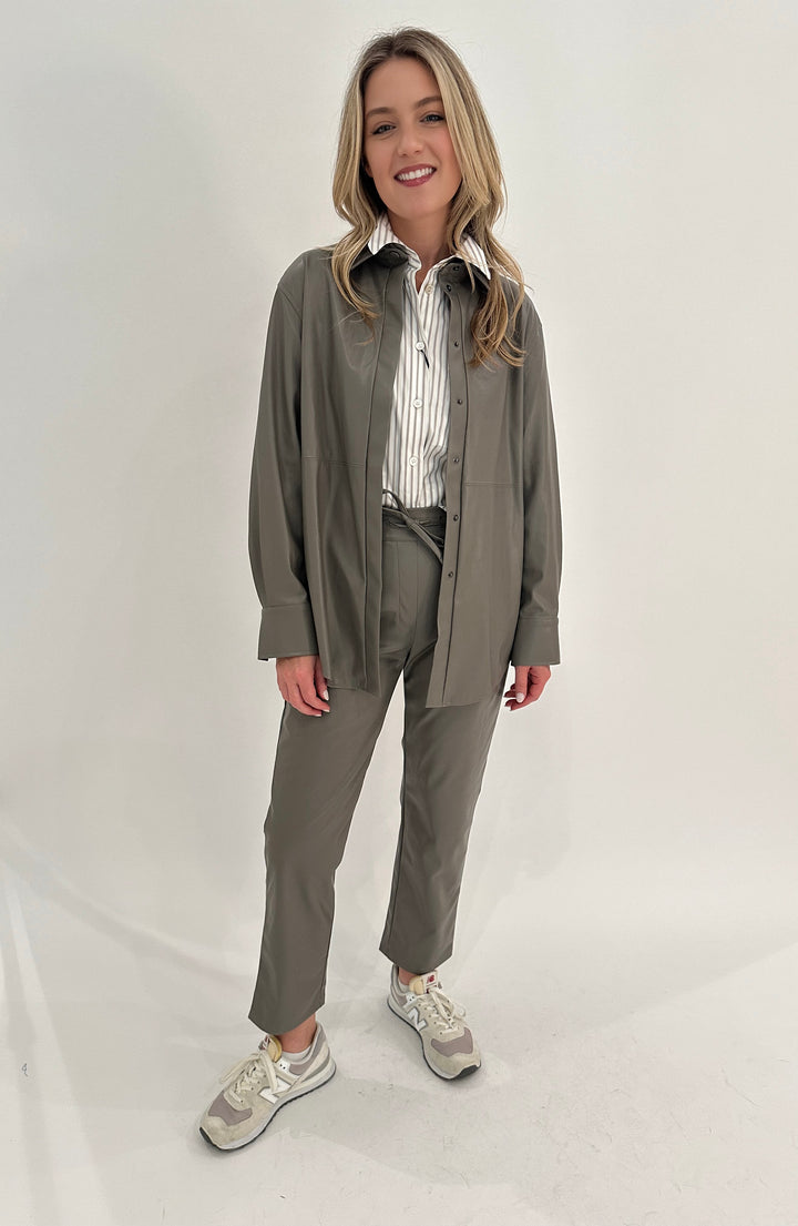 Marella Viterbo Cropped Shirt in Grey layered with Volto Jersey Jacket and paired with Selva Jersey Trousers, all available at Barbara Katz