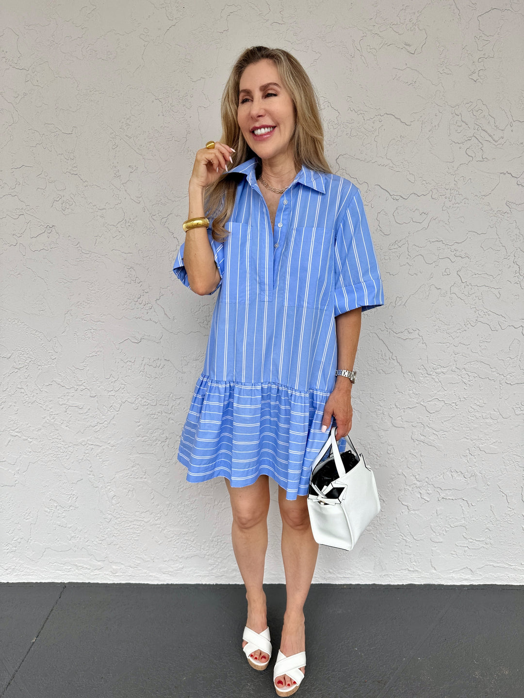 Simkhai Cris Short Sleeve Shirt Dress - Wide Oxford Blue Stripe