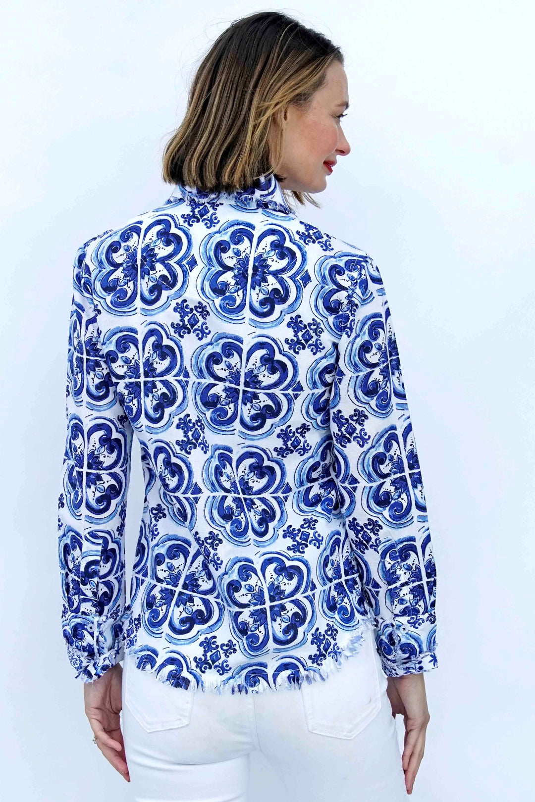 Dizzy-Lizzie Cape Cod Frayed Shirt - Blue White Tile Print available at Barbara Katz