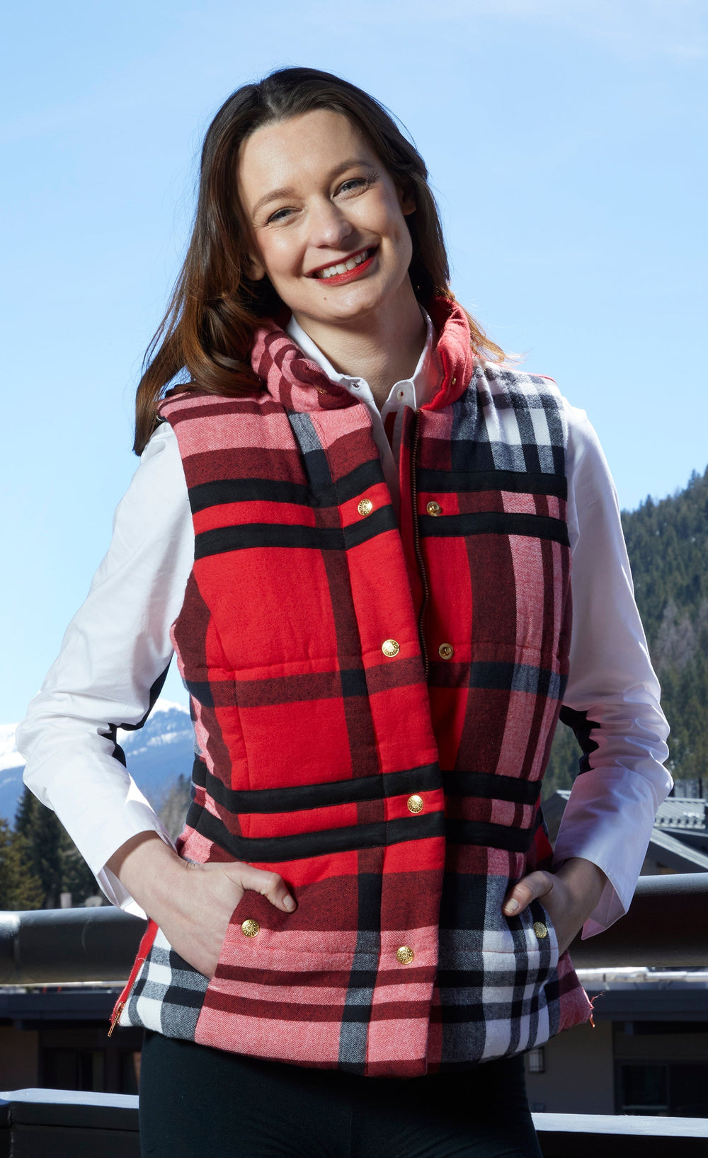 Dizzy-Lizzie Rosey Vest in Red Yarndyed Flannel Plaid available at Barbara Katz