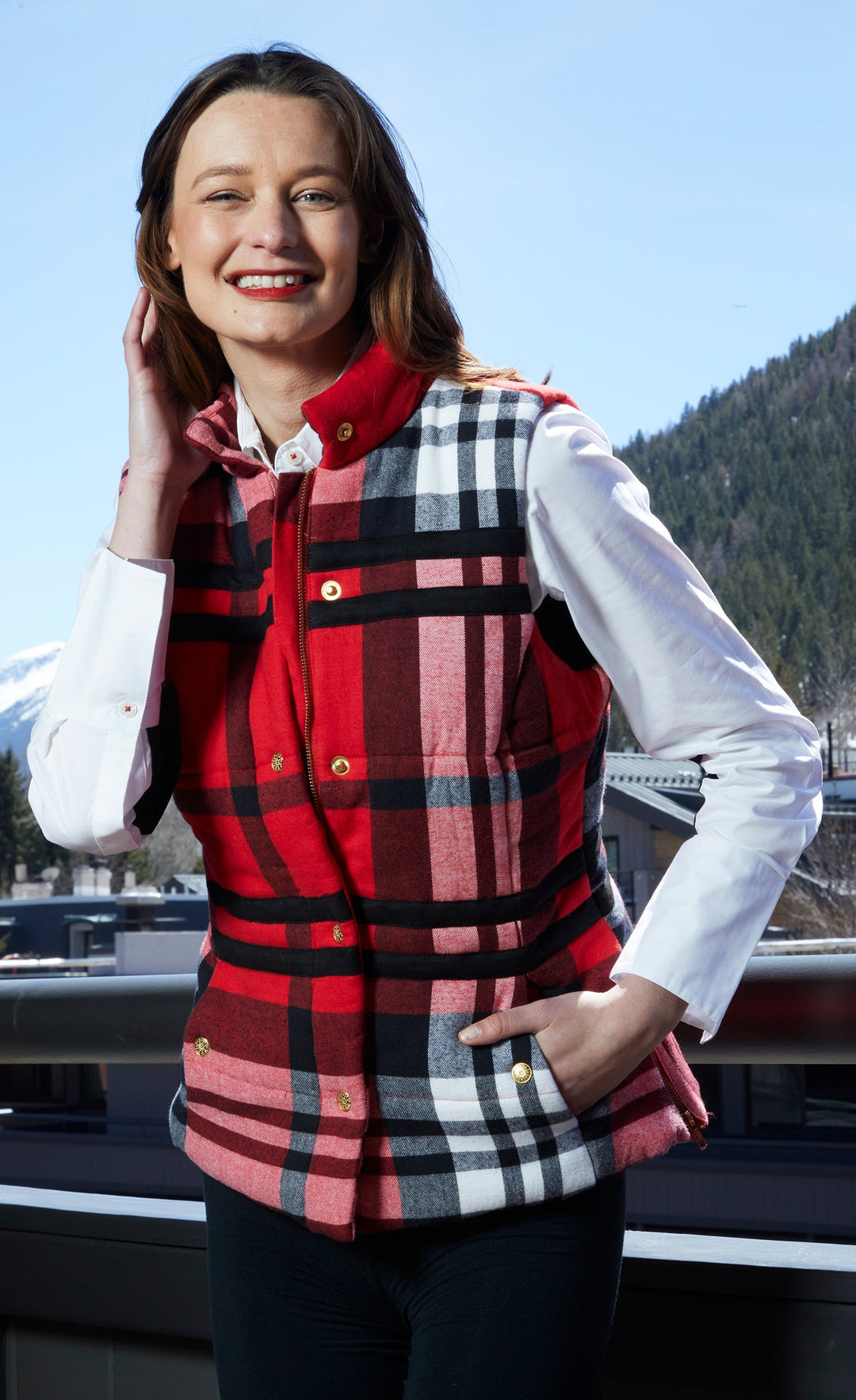 Dizzy-Lizzie Rosey Vest in Red Yarndyed Flannel Plaid available at Barbara Katz