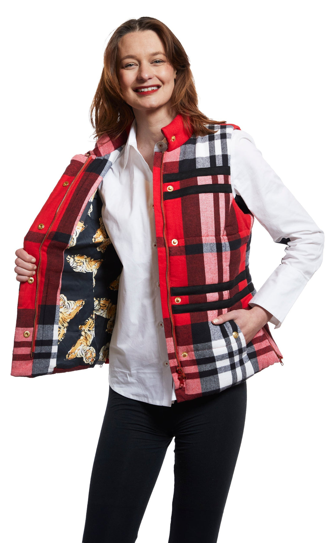 Rosey Vest With Contrast Lining In Red Yarndyed Flannel Plaid