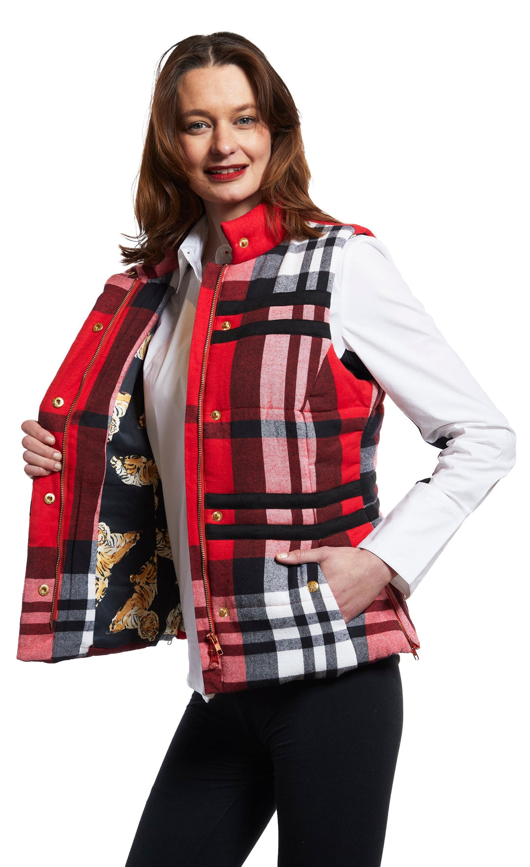 Dizzy-Lizzie Rosey Vest in Red Yarndyed Flannel Plaid available at Barbara Katz