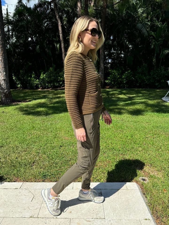 Ba&sh Gaspard Knit Cardigan in Khaki paired with Raffaello Rossi Candy Pants in Olive available at Barbara Katz