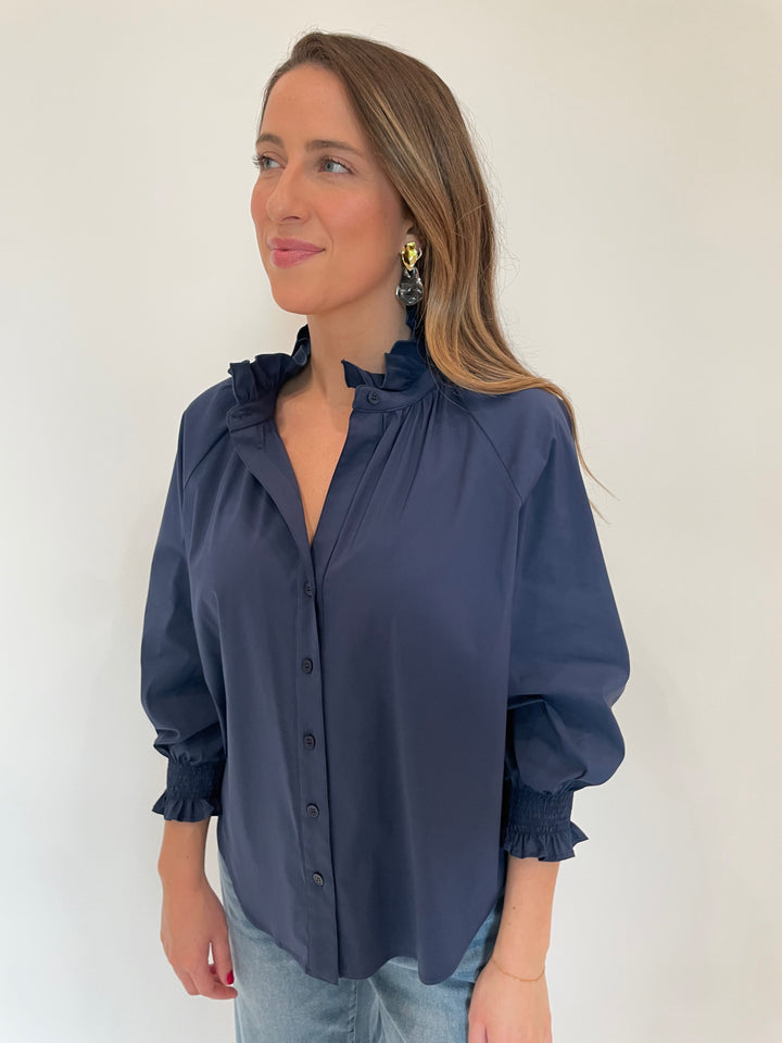 Finley Fiona Solid Silky Poplin Shirt in Navy with Alexis Bittar Liquid Lucite Wafer Post Earrings available at Barbara Katz