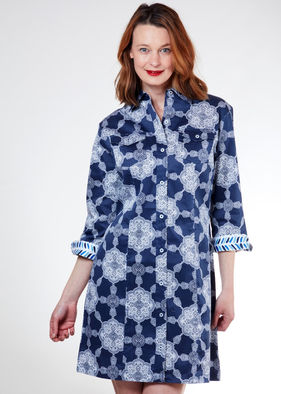 Dizzy-Lizzie Sag Harbor Dress - Navy Gound Medallion Print available at Barbara Katz