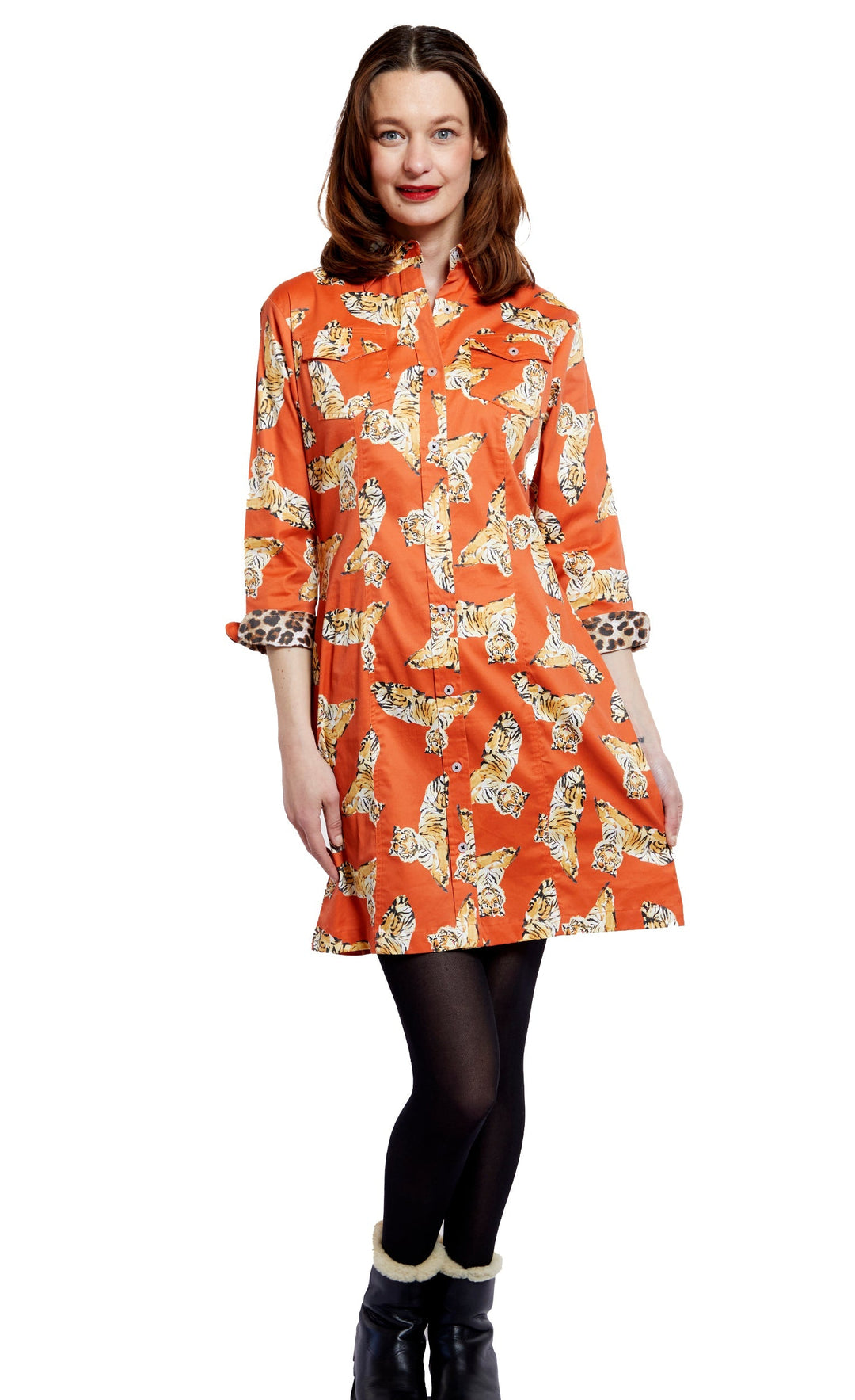 Dizzy-Lizzie Sag Harbor Dress - Rust Ground With Tigers available at Barbara Katz