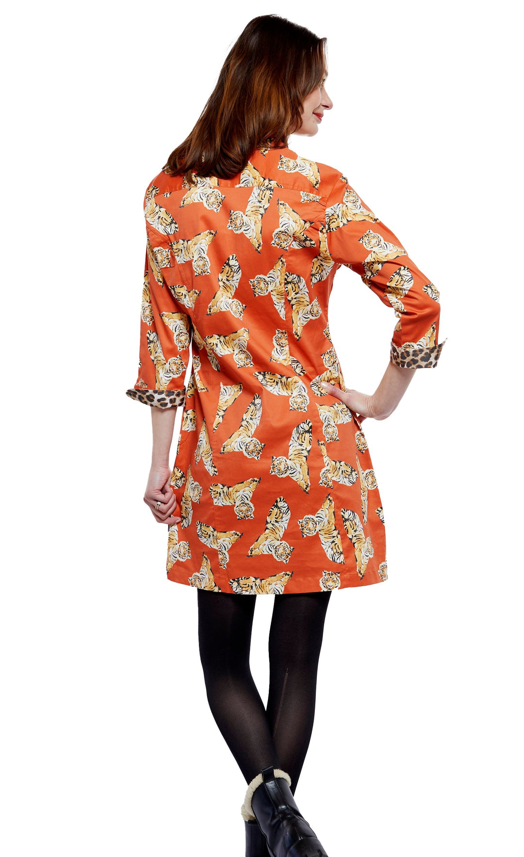 Dizzy-Lizzie Sag Harbor Dress - Rust Ground With Tigers available at Barbara Katz