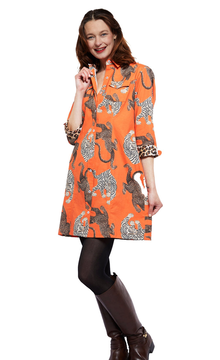 Dizzy-Lizzie Sag Harbor Dress - Rust Ground With Big Cats available at Barbara Katz