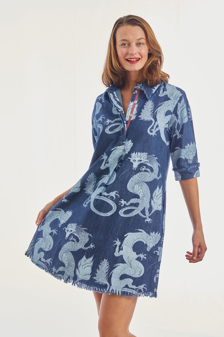 Dizzy-Lizzie Chatham Dress - Denim Dragon Print available at Barbara Katz