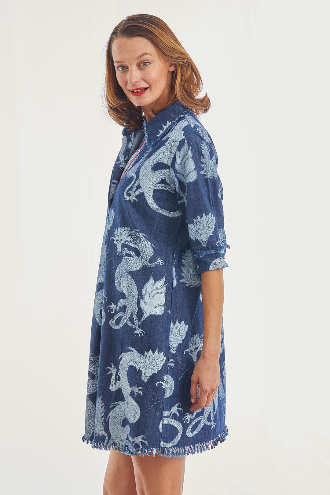 Dizzy-Lizzie Chatham Dress - Denim Dragon Print available at Barbara Katz