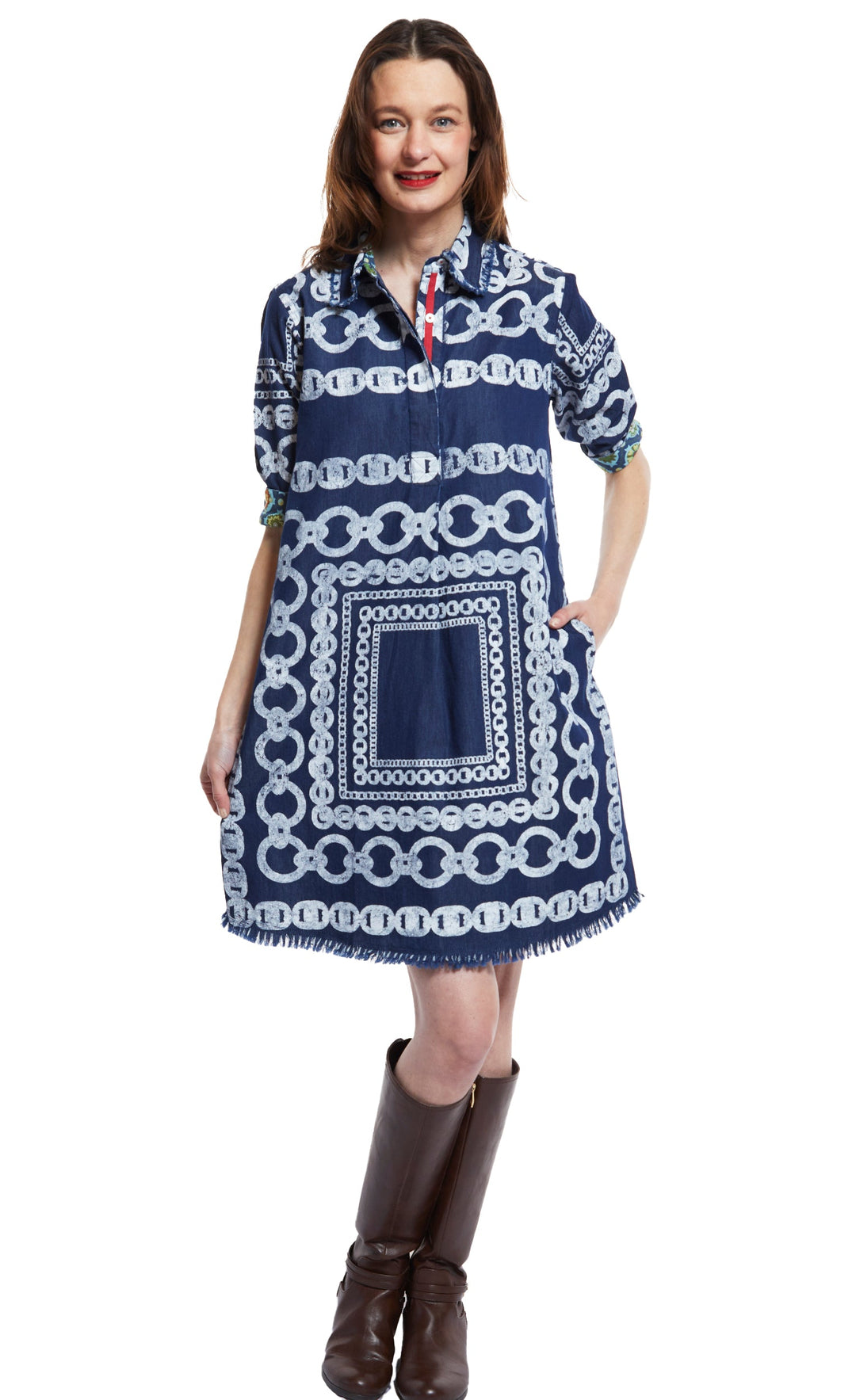 Dizzy-Lizzie Denim Chatham Dress With White Links Pattern