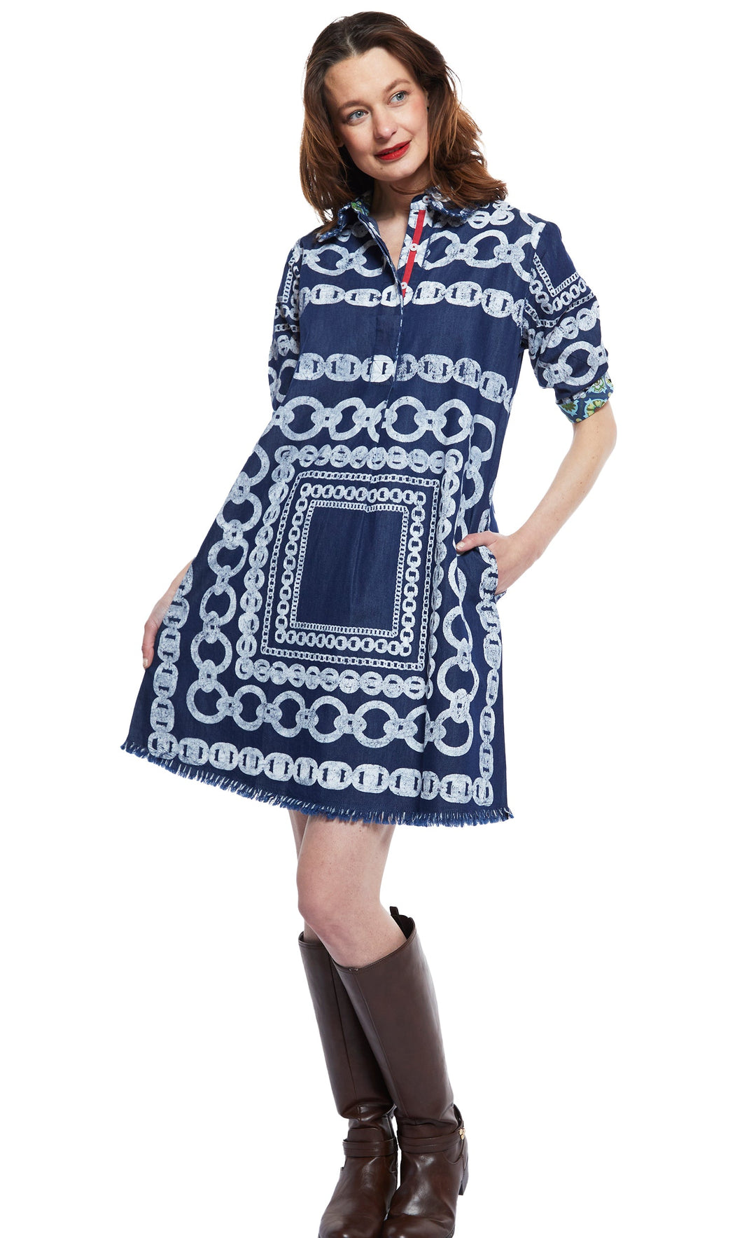 Dizzy-Lizzie Chatham Dress Denim With White Links Pattern