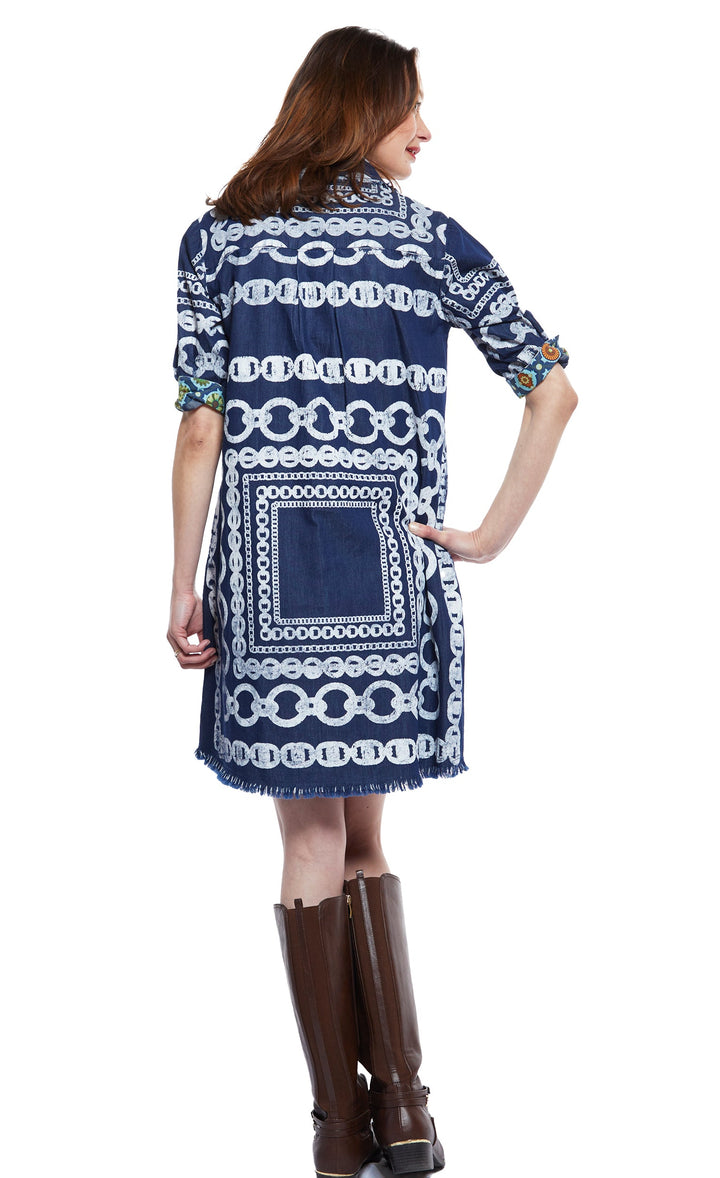 Dizzy-Lizzie Chatham Dress Denim With White Links Pattern