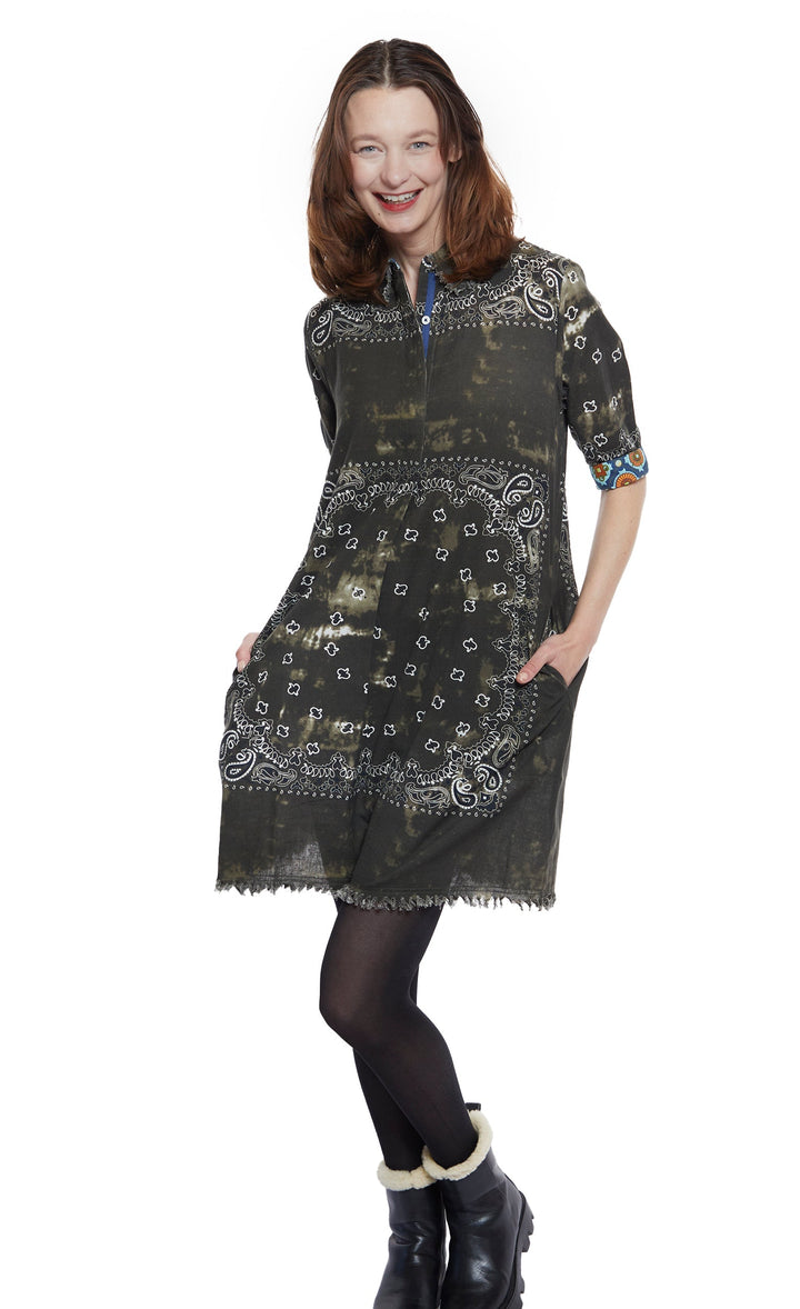 Dizzy-Lizzie Chatham Dress - Olive Green Bandana Print available at Barbara Katz