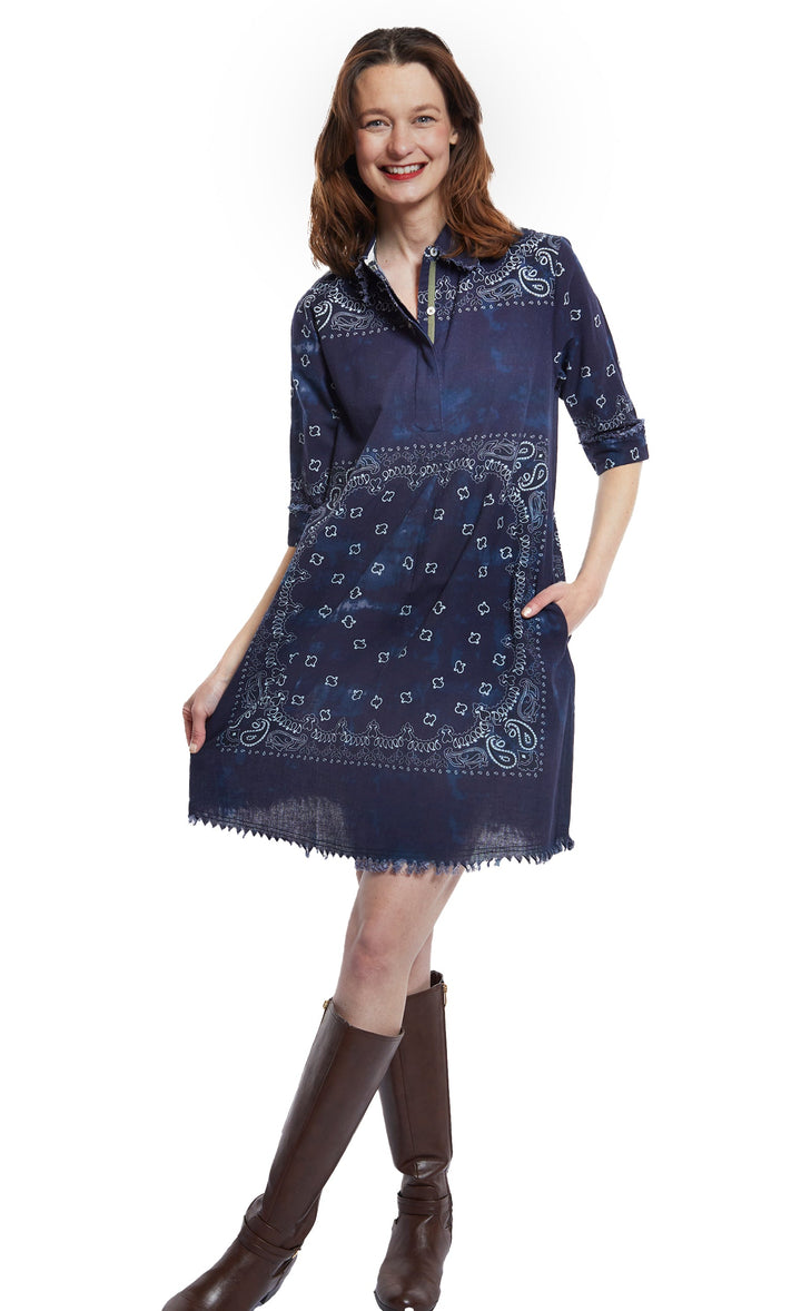 Dizzy-Lizzie Chatham Dress - Indigo Bandana Print available at Barbara Katz