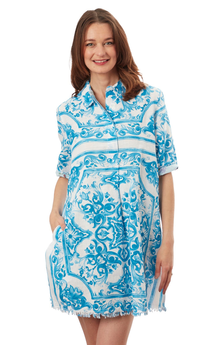 Dizzy-Lizzie Chatham Dress - Turquoise White Tile Print available at Barbara Katz