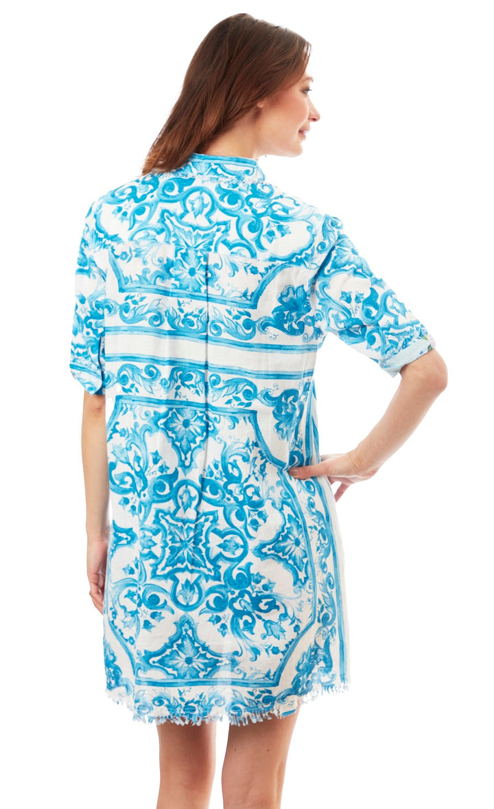 Dizzy-Lizzie Chatham Dress - Turquoise White Tile Print available at Barbara Katz