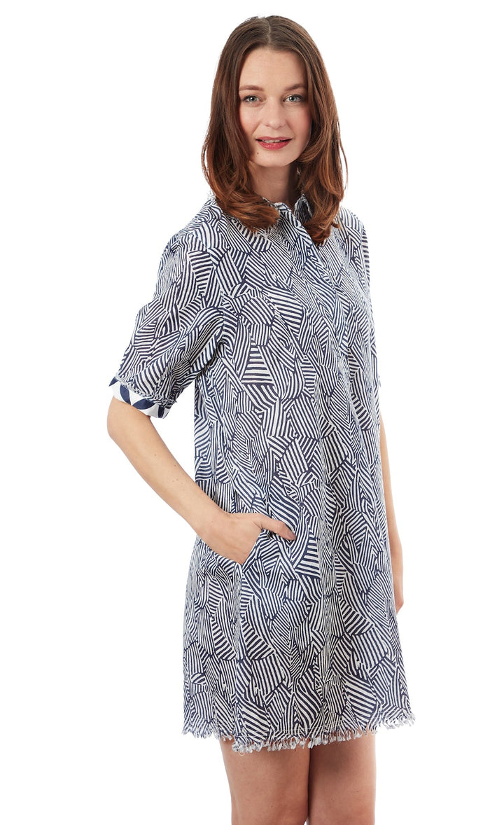 Dizzy-Lizzie Chatham Dress - Navy White Geometric Print available at Barbara Katz