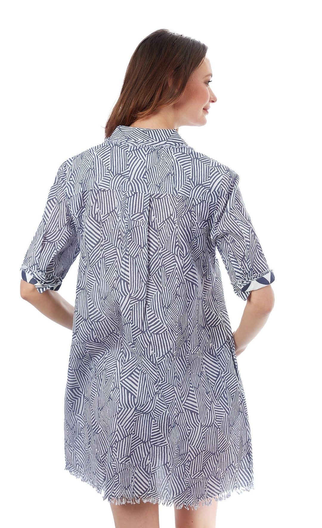 Dizzy-Lizzie Chatham Dress - Navy White Geometric Print available at Barbara Katz