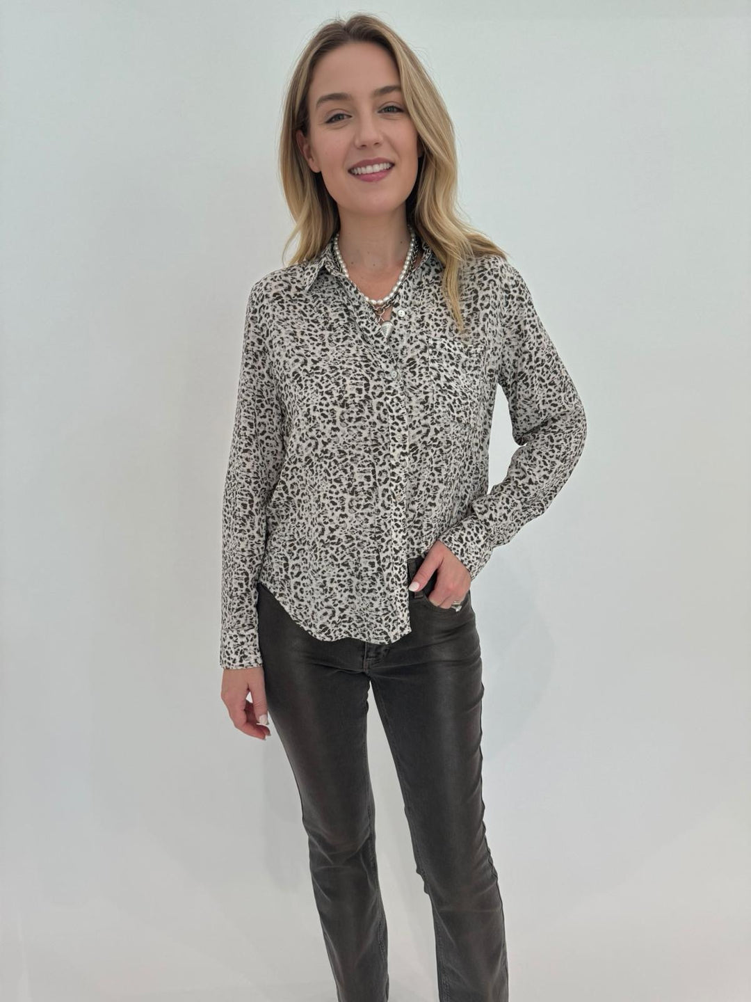 Rails Josephine Button Down Shirt in Charcoal Watercolor Cheetah print, paired with MAC Dream Boot Jeans in Metallic